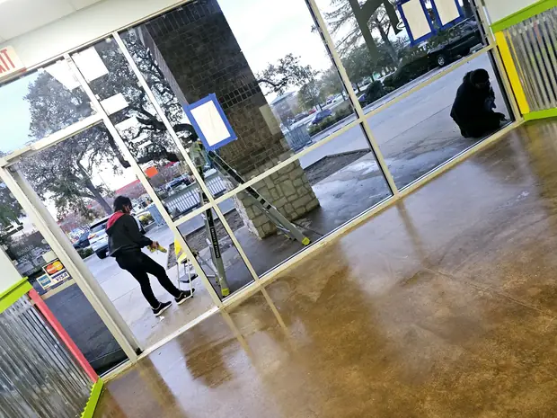 Storefront glass and floors cleaned by Maid Up Cleaners in Denton County
